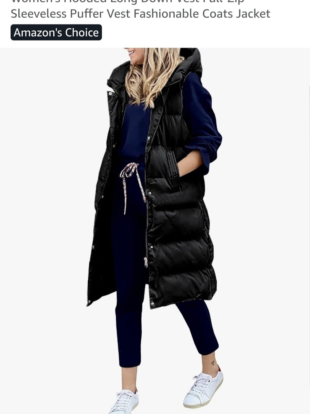 Women's Black Hooded Long Puffer Vest Medium